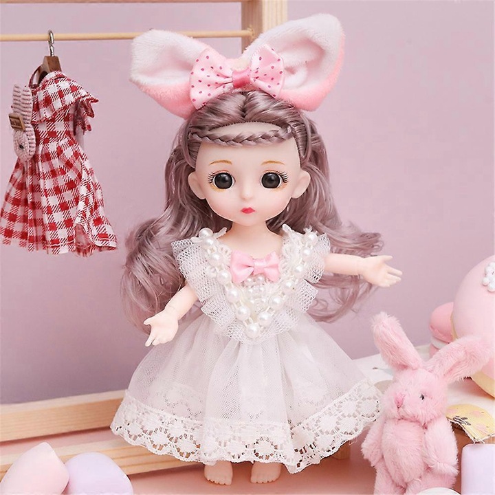 Papusa BJD K0548-260826-DC-2041, plastic articulata, 13 articulatii, cu haine si accesorii, roz/alb, 16 cm