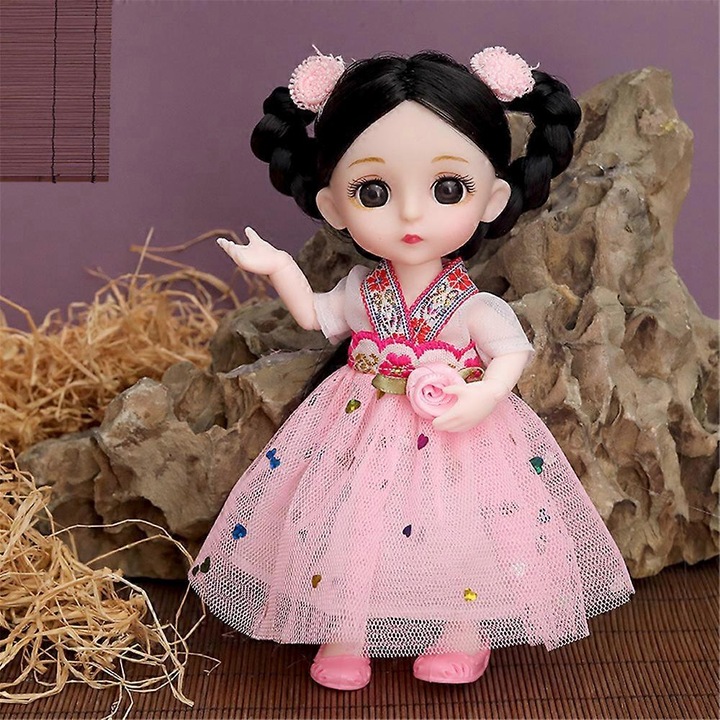 Papusa BJD K0548-260826-DC-2043, 16 cm, 13 articulatii, din plastic, cu rochie si incaltaminte, roz