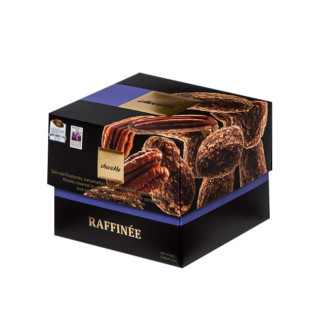 Ciocolata artizanala chocoMe Raffinee - Nuci de pecan imbracate in ciocolate cu lapte si sare de mare cu vanilie Tahiti