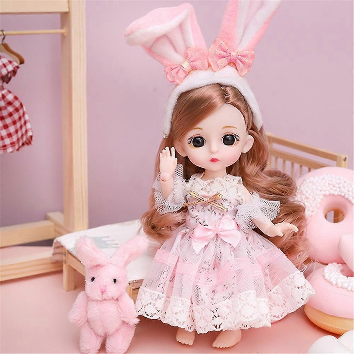 Papusa BJD K0548-260826-DC-2035, 16 cm, 13 articulatii, din plastic, rochie si incaltaminte detasabile, roz