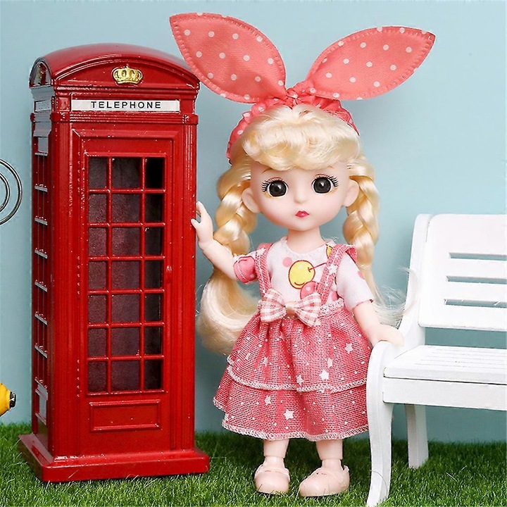 Papusa BJD K0548-260826-DC-2031, articulata, 13 articulatii, 16 cm, din plastic, cu haine si pantofi detasabili, roz