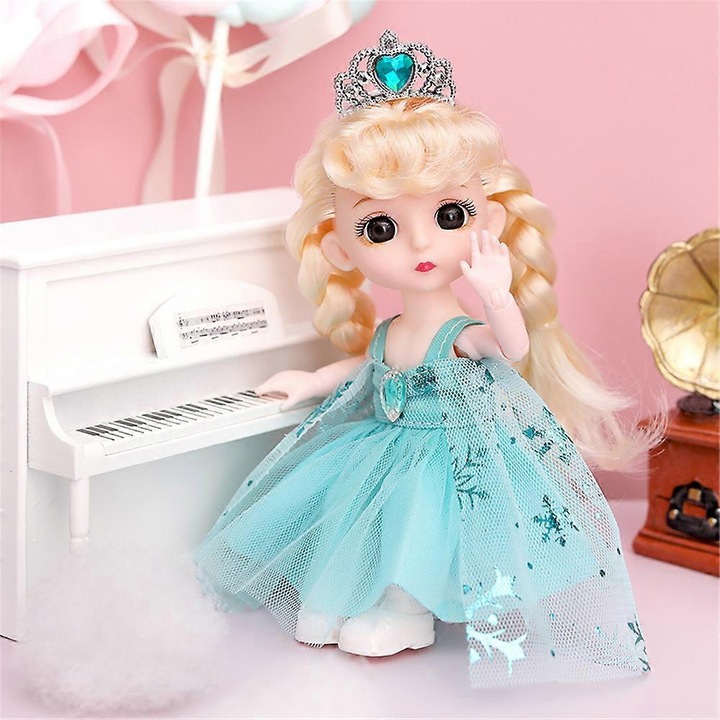 Papusa BJD 13 articulatii, plastic, cu rochie si pantofi detasabili, turcoaz, 16 cm