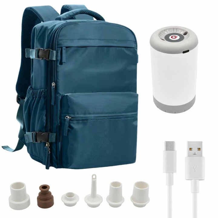 Rucsac extensibil cu optiune de vacuum 50x35x16 cm, Cracos®, pompa electrica inclusa, accesorii incluse, port incarcare USB-C, verde
