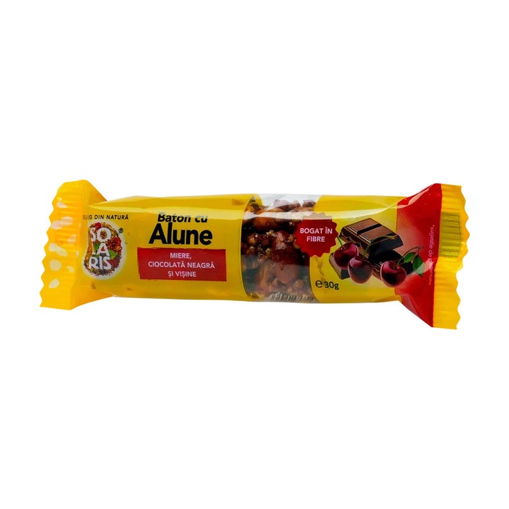 Baton cu alune, miere, ciocolata neagra si visine 30gr solaris