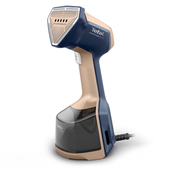 Aparat de calcat vertical cu abur Tefal AeroSteam Elite DT9620F0, 1400 W, abur variabil 0-20 g/min, aspirare 360°, 3 moduri, recipient apa detasabil 200 ml, autonomie pana la 16 min, tehnologie OptiFlow, functie 2 in 1, talpa ceramica, albastru & crem