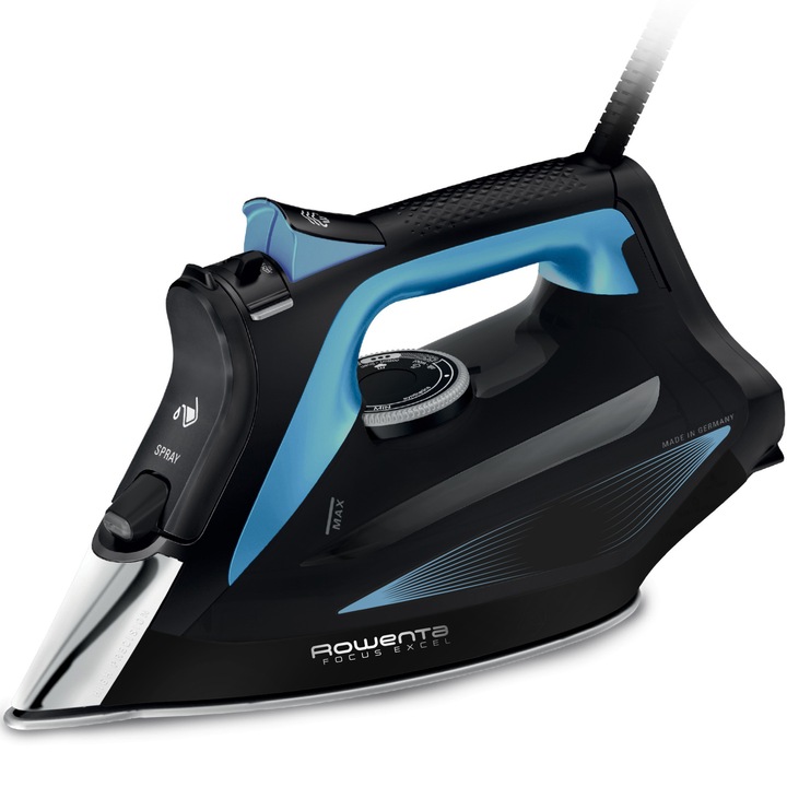 Fier de calcat cu abur Rowenta Focus Excel DW5310D1, 2700 W, abur variabil 0-45 g/min, jet de abur 180 g/min, talpa Microsteam 400 HD Laser, rezervor apa 300 ml, abur vertical, sistem anti-picurare, mod Eco, albastru & negru