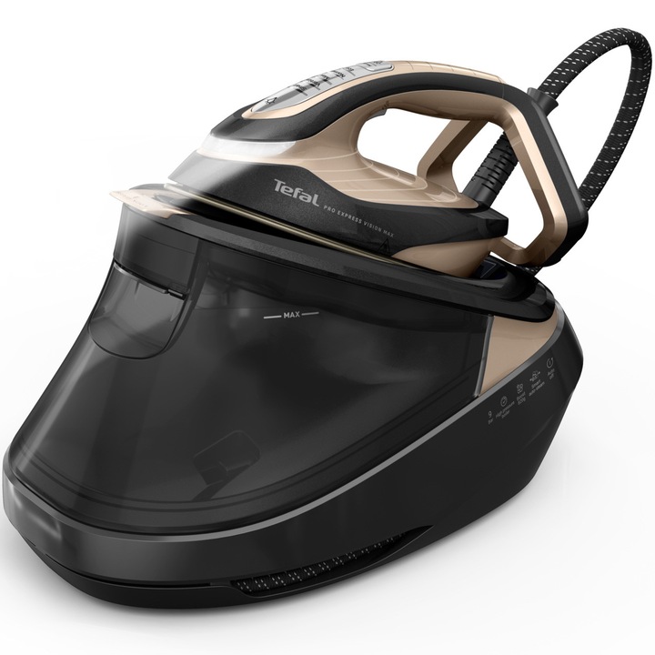Statie de calcat cu abur Tefal Pro Express Vision Max GV9909E0, 3000 W, presiune 9 bari, abur variabil 0-210 g/min, jet de abur 820 g/min, rezervor apa detasabil 1.2 L, 6 moduri, Smart Steam, LED Vision, talpa Durilium AirGlide Autoclean, cupru & negru