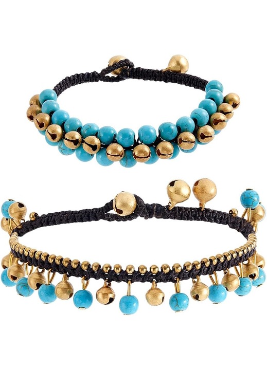 Bratari Anklet Boeme cu Margele Turcoaz si Clopotei Aurii