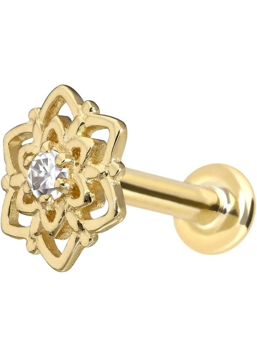Labret Aur 14K cu Moissanit si Floare - Aur Roz/Auriu/Argintiu