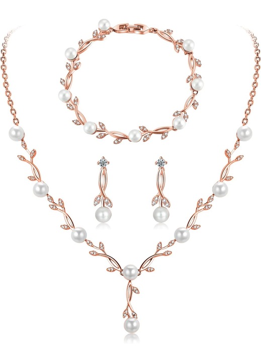 Set Bijuterii Argint 925 Femei: Colier, Bratara, Cercei Frunza cu Perle si Zirconiu