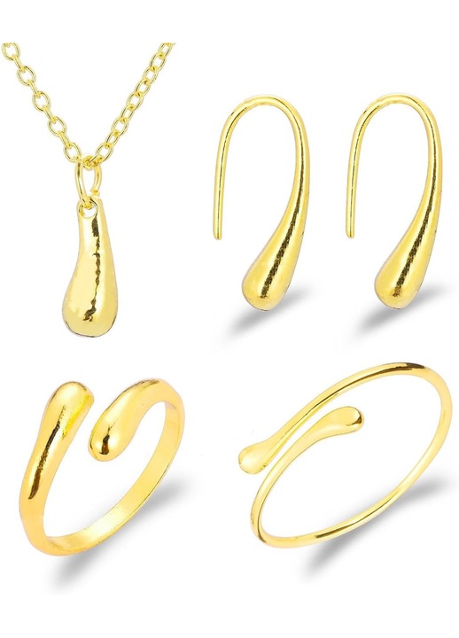 Set Bijuterii Femei Lacrima Aur/Argint, 4 Piese: Colier, Bratara, Inel, Cercei