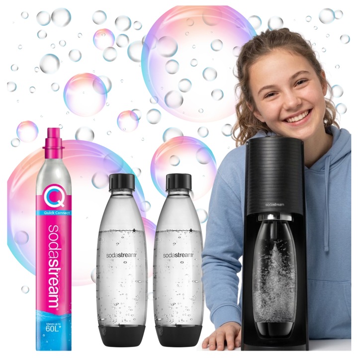 Saturator de apa SodaStream Terra, set complet pentru bauturi carbogazoase, cu 2 sticle Fuse de 1L si cilindru de gaz CO2 Quick Connect, negru