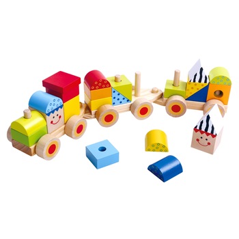 Tren de stivuit si insirat piese din lemn,multicolor Tren de stivuit si insirat piese din lemn,multicolor