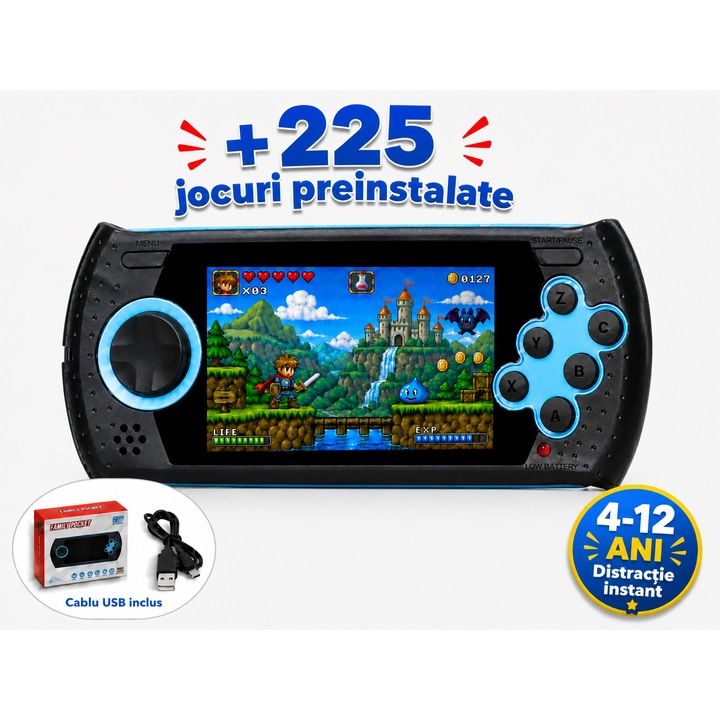 Consola Portabila de Jocuri Retro Prodys, Pentru Copii 4-12 ani, 16 Bit, 230 Jocuri Integrate, Ecran HD 3 Inch, Cadou Copii, Reincarcabil USB