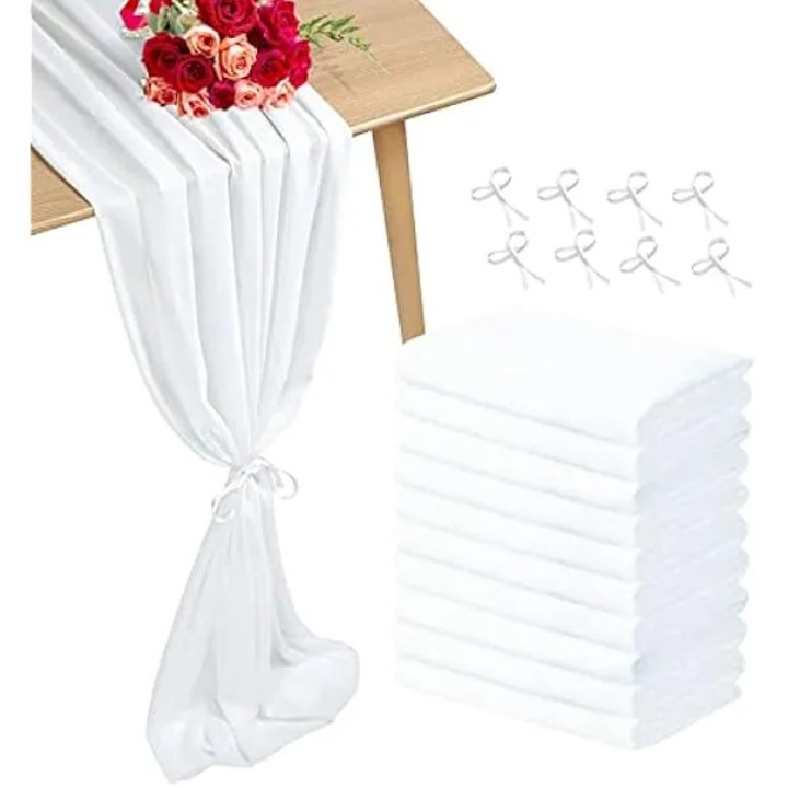 10 db. Fehér sifon asztali futó, 3 m, átlátszó, esküvőre, 73 x 28 cm, rusztikus, romantikus esküvői asztaldíszhez, születésnapi partikra vagy menyasszonyoknak