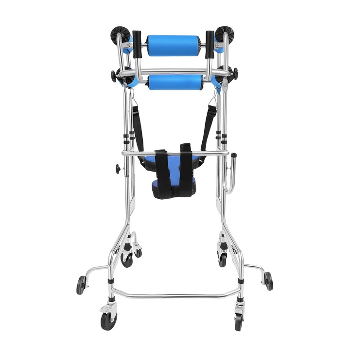 Cadru de mers reglabil PN 8785371531071, ajustabil 116–140 cm si latime 20–35 cm, 8 roti (6 cu frana), capacitate 100 kg, albastru