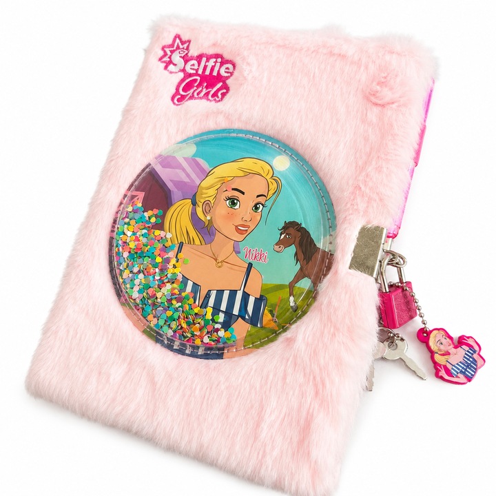 Agenda pentru fete Selfie Girls, A5, 160 pagini, Coperta pufoasa din tesatura, cu lacat si chei, Breloc decorativ, Culoare roz