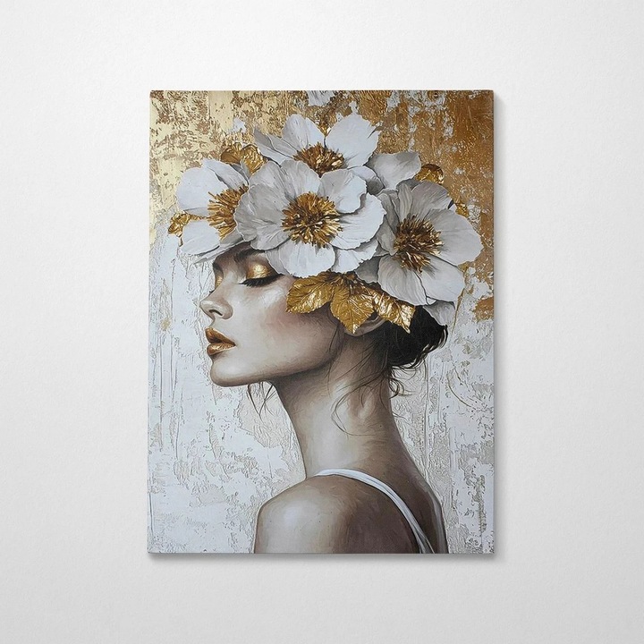 Dekoratív vászonkép Re-Bloom, női modell, 50x70 cm, vászon/fa, szürke/arany