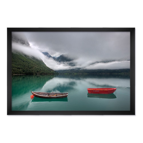 Tablou Inramat - Natura, Peisaj, Barca, Pescar, Padure, Munti, Ceata, Rama Neagra, 60 x 90 cm