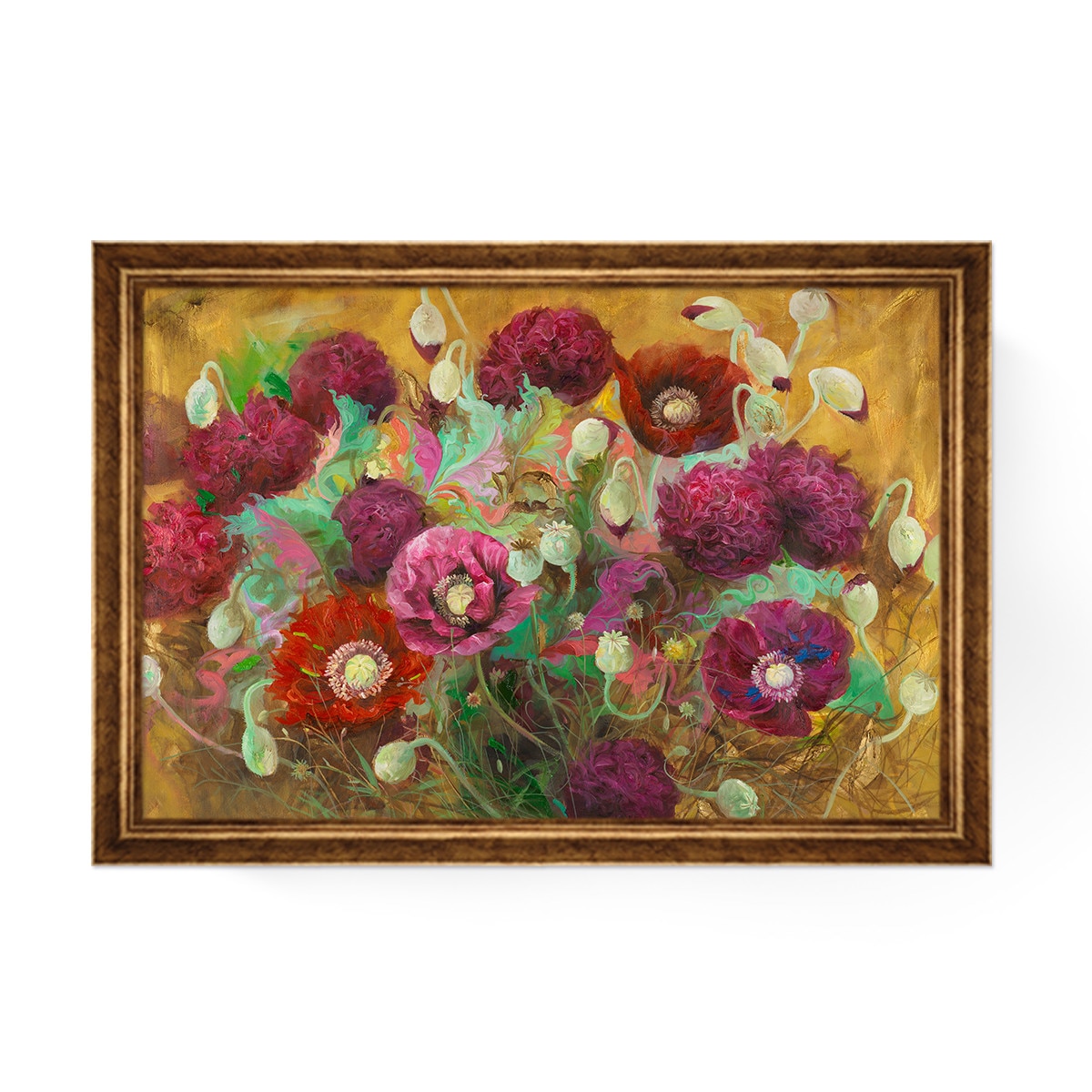 Tablou Inramat - Flori de maci, Rama Auriu, 60 x 90 cm