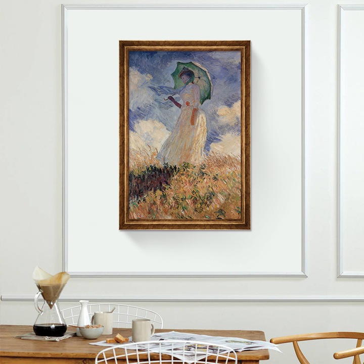 Tablou Inramat - Woman With Parasol, Monet, Rama Auriu, 60 x 90 cm