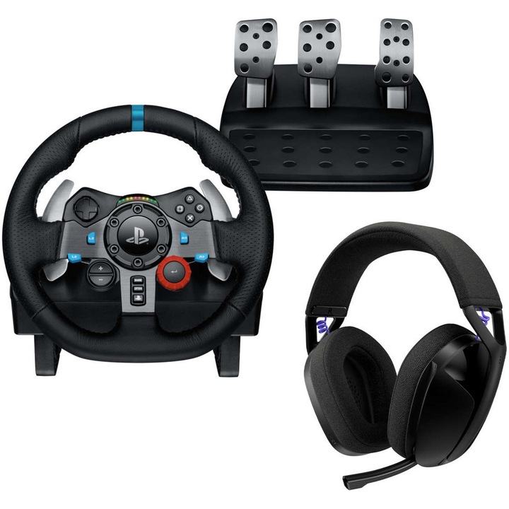 Волан с педали Logitech G29 Driving Force + Безжични слушалки G321 Lightspeed за PlayStation 5, PlayStation 4, PC, Черен