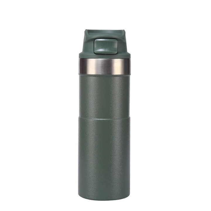 Cana termica de calatorie K0206-F-260827-2861, otel inoxidabil 304, dublu perete vacuum, etansa cu capac cu eliberare cu o singura mana, verde, 500 ml