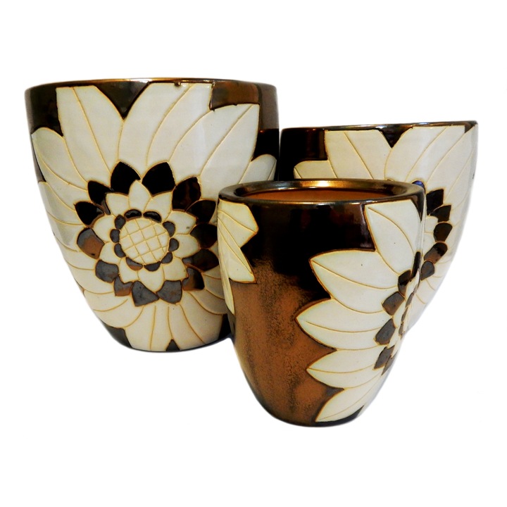 Set 3 ghivece decorative Veranda Concept, VC0209, culoare maro metalizat/bej, dimensiuni D 29x22x18, H 30x25x20