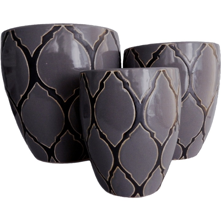 Set 3 ghivece decorative Veranda Concept, VC0211, culoare gri deschis/negru, dimensiuni D 29x22x18, H 30x25x20
