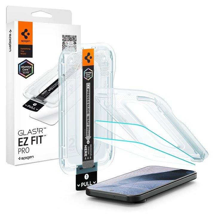 Set 2xFolie Sticla pentru Google Pixel 11 Pro XL Spigen Glas.tR EZ-FIT Pro, Kit de instalare usoara si rapida cu dispozitiv de potrivire automata, Protectie Profesionala, Ultra Rezistenta, Transparenta