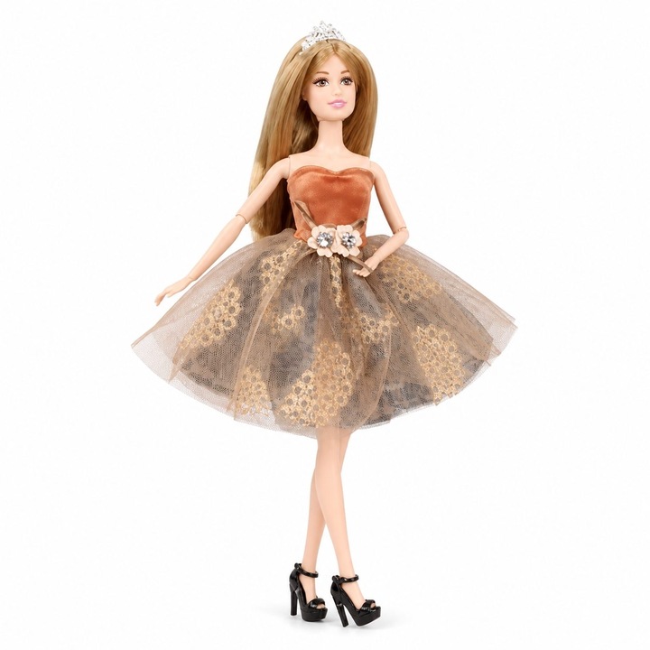 Papusa Emily Collection 32 cm pentru Copii, Papusa Fashion Eleganta cu Rochie Maro Auriu cu Model Floral si Accesorii, Model Premium de Colectie cu Par Lung pentru Coafat, Cadou Special pentru Fetite 3+ Ani