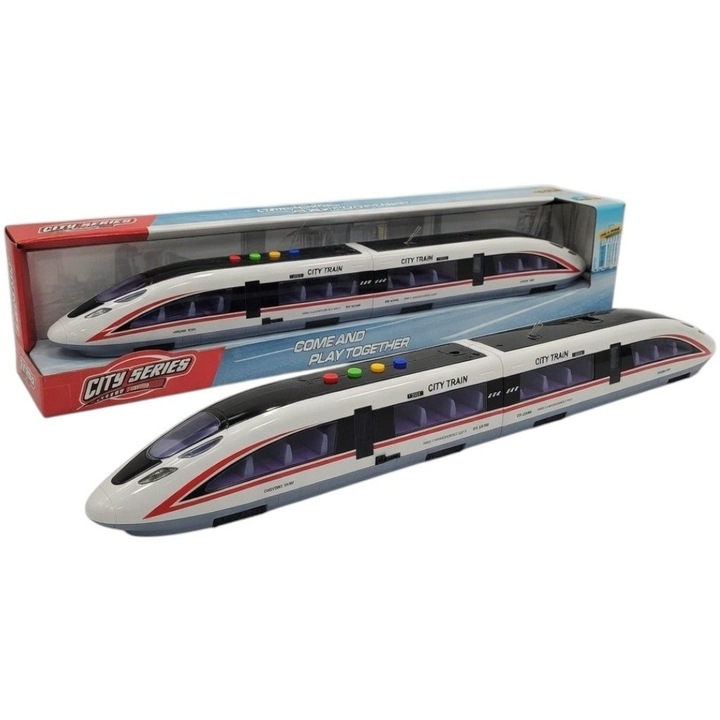 Високоскоростен влак за деца тип City Train, модерна играчка локомотив с реалистичен дизайн, дълъг пътнически влак с аеродинамични детайли, играчка железопътен транспорт за игра и колекция за деца 3+ години, бял