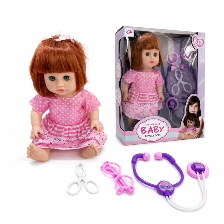 Papusa Bebelus 33 cm pentru Copii cu Accesorii Medicale, Baby Doll Interactiva cu Stetoscop si Ochelari de Doctor, Jucarie pentru Fetite si Jocuri de Rol, Papusa Realista pentru Joaca si Cadou 3+ Ani, Multicolor