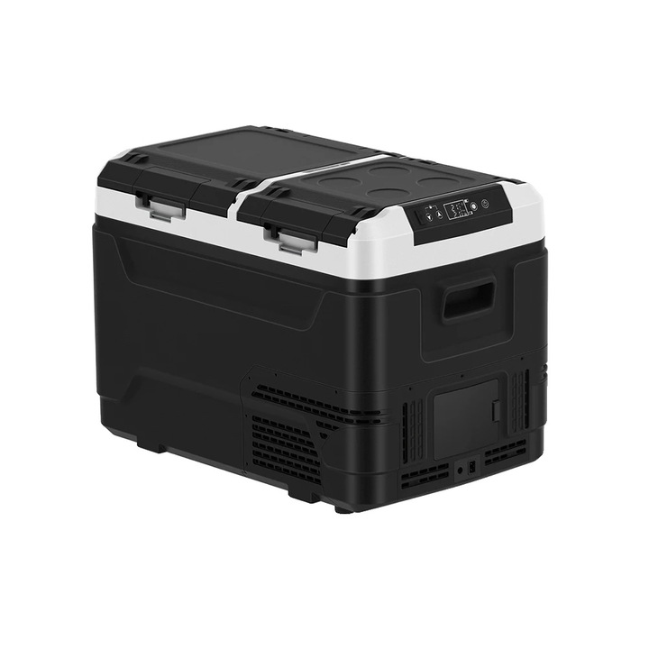 Frigider auto portabil 8785371128097, compresor inverter, alimentare 12V/24V/100-240V, protectie baterie in 3 trepte, blocare pentru copii, roti off-road, ABS/PP, negru/alb, 50 L