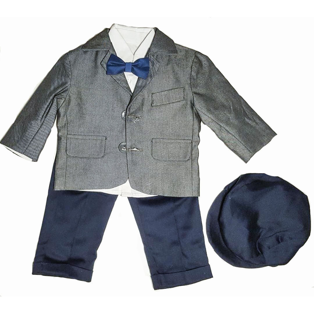 Costum de botez Handmade Minis Boutique, Gri cu bleumarin, 3-6 luni