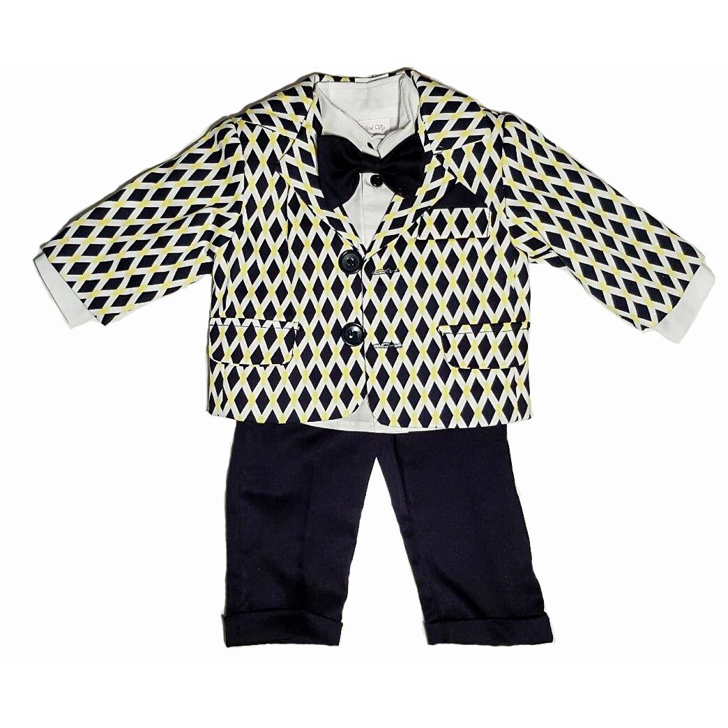 Costum de botez Handmade Minis Boutique, bleumarin cu galben, 0-3luni