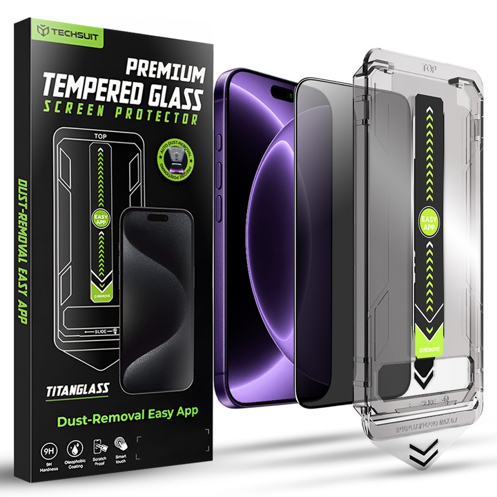 Folie Sticla Privacy pentru Apple iPhone 18 Pro Daden TitanGlass, Full Cover, Kit de instalare usoara si rapida cu dispozitiv de potrivire automata, Protectie Profesionala, Ultra Rezistenta