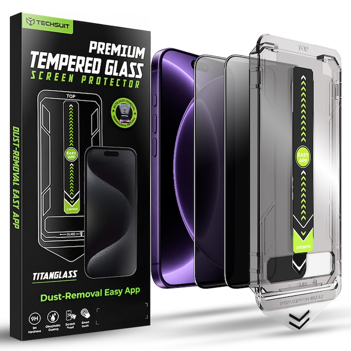 Set 2xFolie Sticla Privacy pentru Apple iPhone 18 Pro Daden TitanGlass, Full Cover, Kit de instalare usoara si rapida cu dispozitiv de potrivire automata, Protectie Profesionala, Ultra Rezistenta