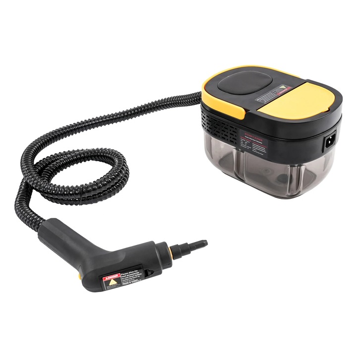 Aparat de curatat cu abur, Model de mana, Rezervor 1600 ml, 1500 W 220 V, Abur sub presiune, Mai multe duze, Negru/galben