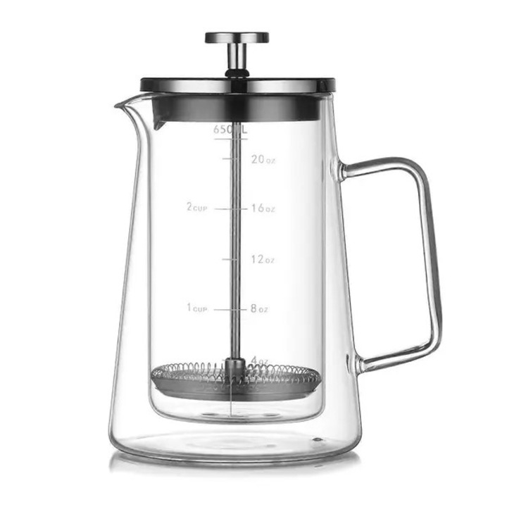 Cafetiera tip French press, sticla borosilicata, piese din otel inoxidabil 304, 650 ml, transparent