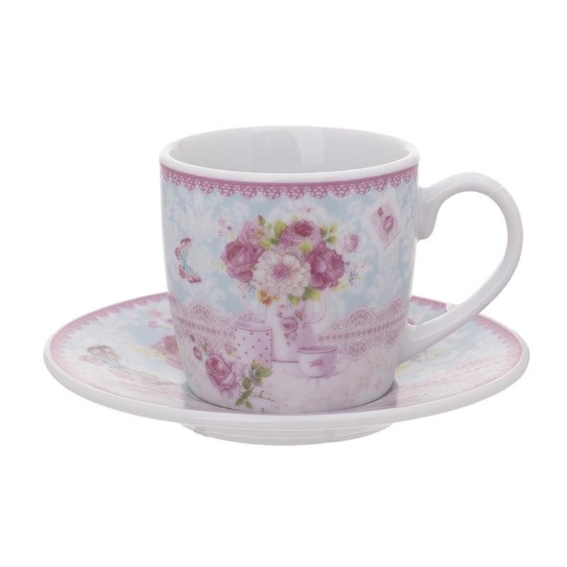 Set 6 cesti cu farfurioara din ceramica cu model floral