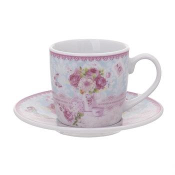 Set 6 cesti cu farfurioara din ceramica cu model floral Set 6 cesti cu farfurioara din ceramica cu model floral