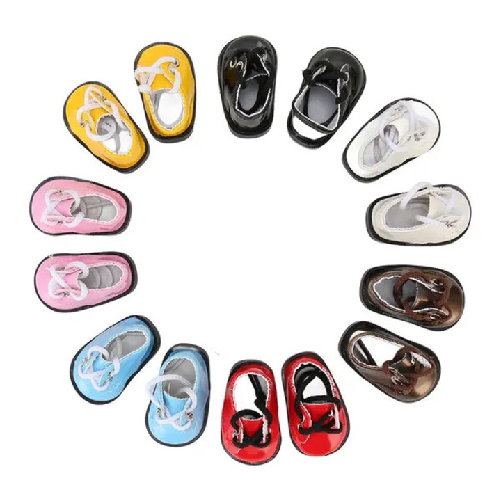 Set de 7 perechi pantofi pentru papusi din PU cu aspect lucios, captuseala plus, talpa din cauciuc, Multicolor, 5.6 x 3.3 cm