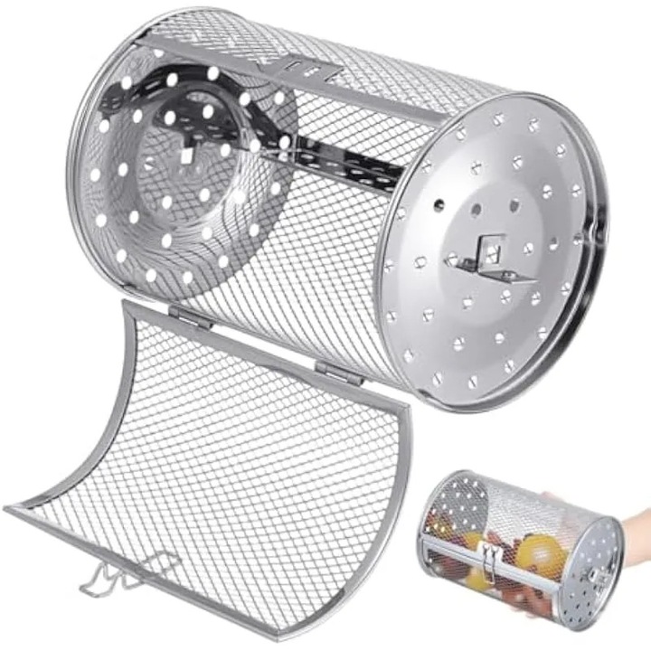 Cos rotativ din otel inoxidabil rezistent la caldura pentru friteuza cu aer cald, cu usa mobila, pentru prajirea si coacerea nucilor si fructelor uscate, potrivit pentru friteuzele cu aer cald