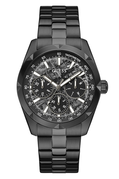 GUESS, Часовник от неръждаема стомана с релефен циферблат, Черен, Тъмносив
