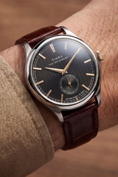Timex, Часовник Waterbury Classic Sub-Second 39mm с кожена каишка, Кафяв