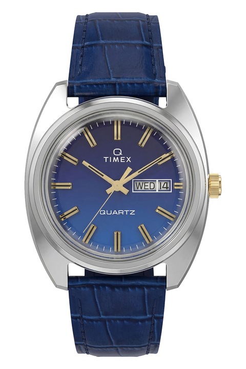 Timex, Аналогов часовник с кожена каишка, Тъмно син, Сребрист