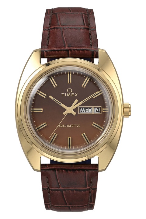 Timex, Кварцов часовник с кожена каишка, Златист, Кафяв