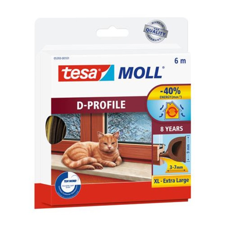Ajtó- és ablaktömítő szalag, 9 mm x 6 m, TESA "tesamoll® D profil", barna