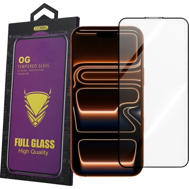 iPhone 17 Pro / 18 Pro kompatibilis üvegfólia, előlapi, edzett, hajlított, fekete kerettel, Veason 6D Pro